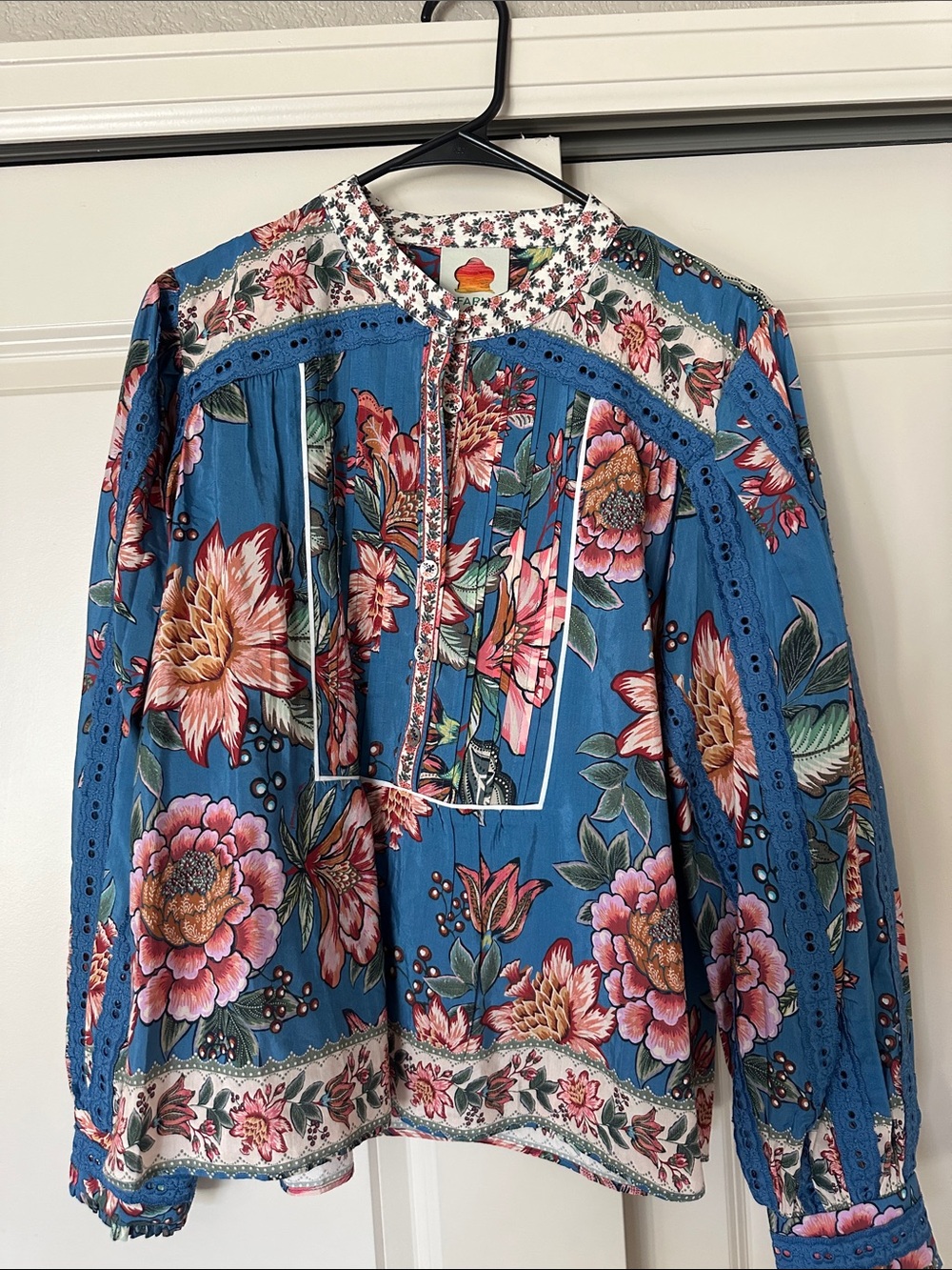 Farm Rio Floral Blue Peasant Blouse - Vintage-Inspired Women's Top